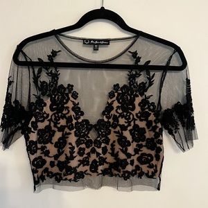 For Love & Lemons Luau Embroidered Black Mesh Tee